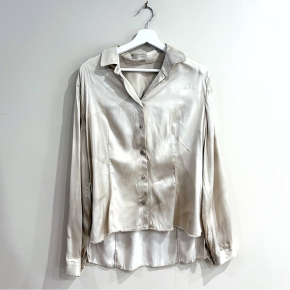 Elie Tahari Women Silk Blouse S Ivory Abstract Print Fringe High-Low Quiet Luxur - Picture 2 of 11